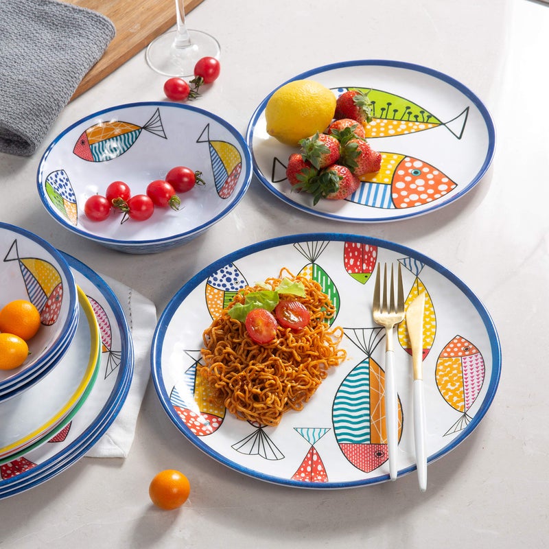 Gofunfun Melamine Dinnerware set for 4, Plates and Bowls Sets, Great for Camper, RV, Indoors Outdoors Use with Ocean Printed, Unbreakable - Image 5